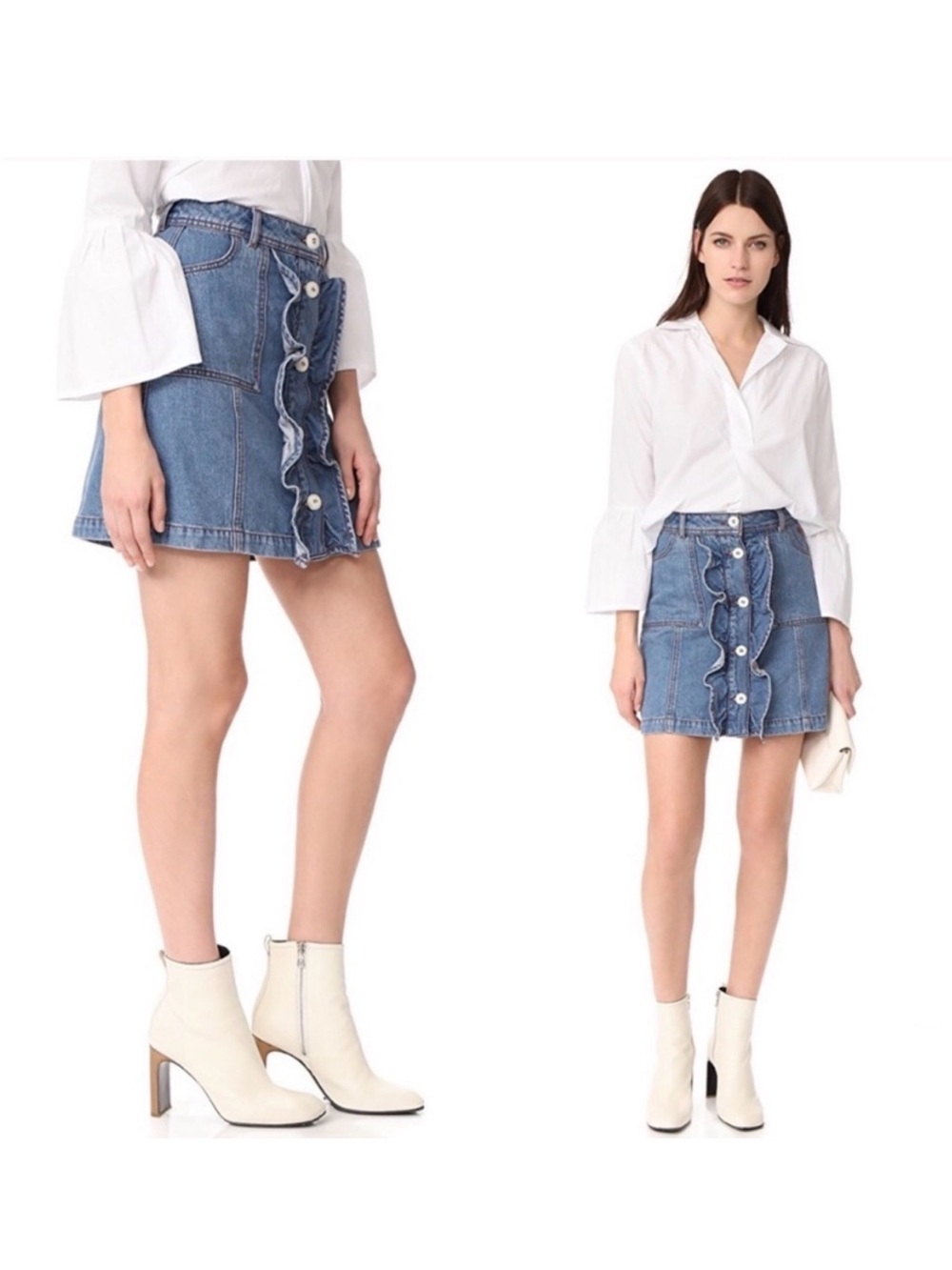 Ganni Ruffled Denim Button Front Mini Skirt Sz 2